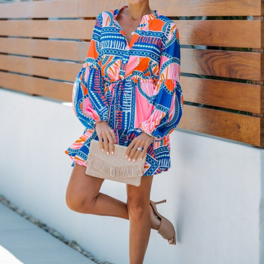PRINT ADJUSTABLE BALLOON SLEEVE DRESS